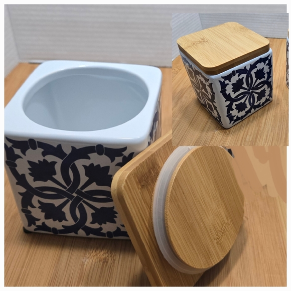 Blue Tile Style Canister Apothecary Jar Bamboo Lid - Picture 1 of 11